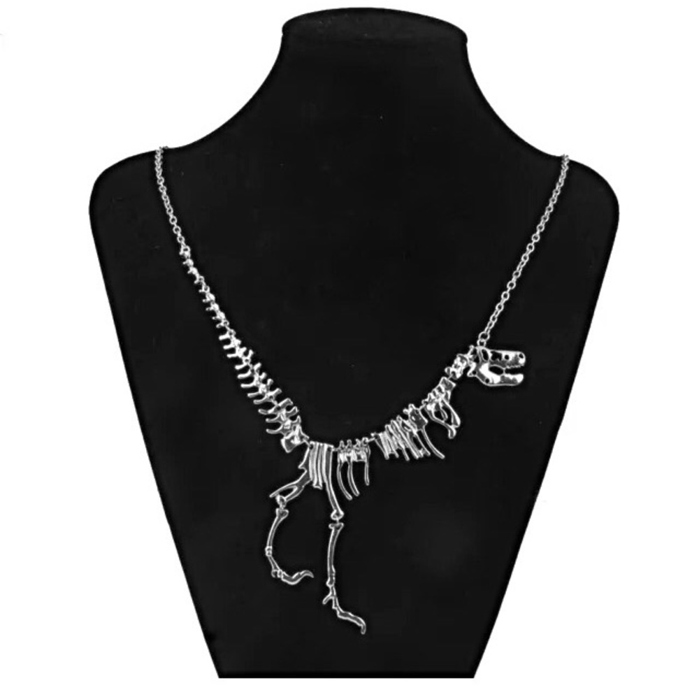 Silver tone dinosaur T Rex statement necklace